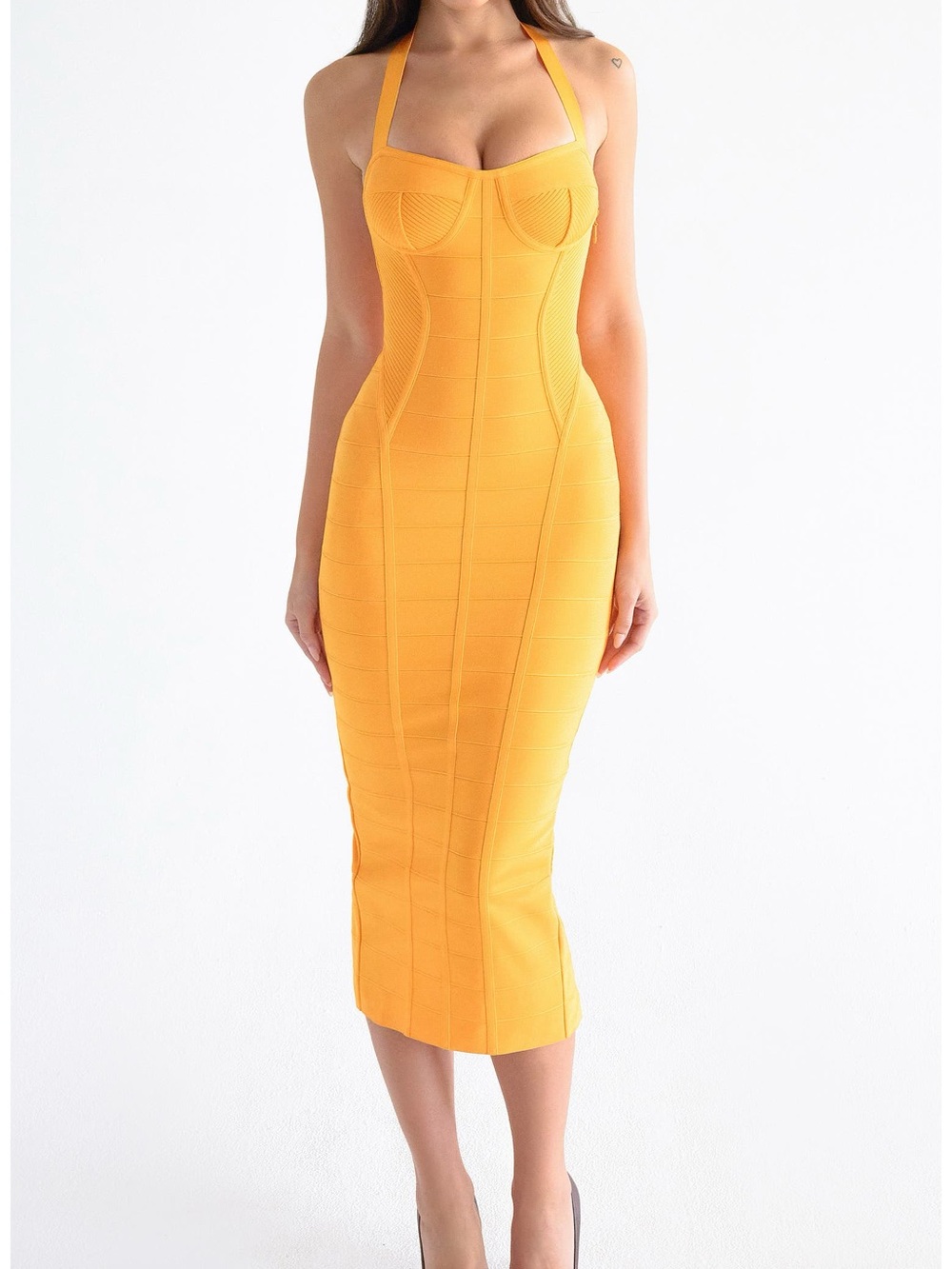 House of CB The Sculpt Halter Neck Bandage Midi Dress Orange Large